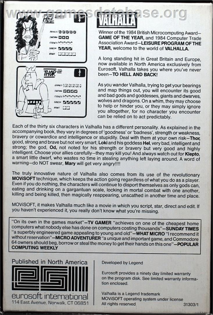 Valhalla - Commodore 64 - Artwork - Box Back