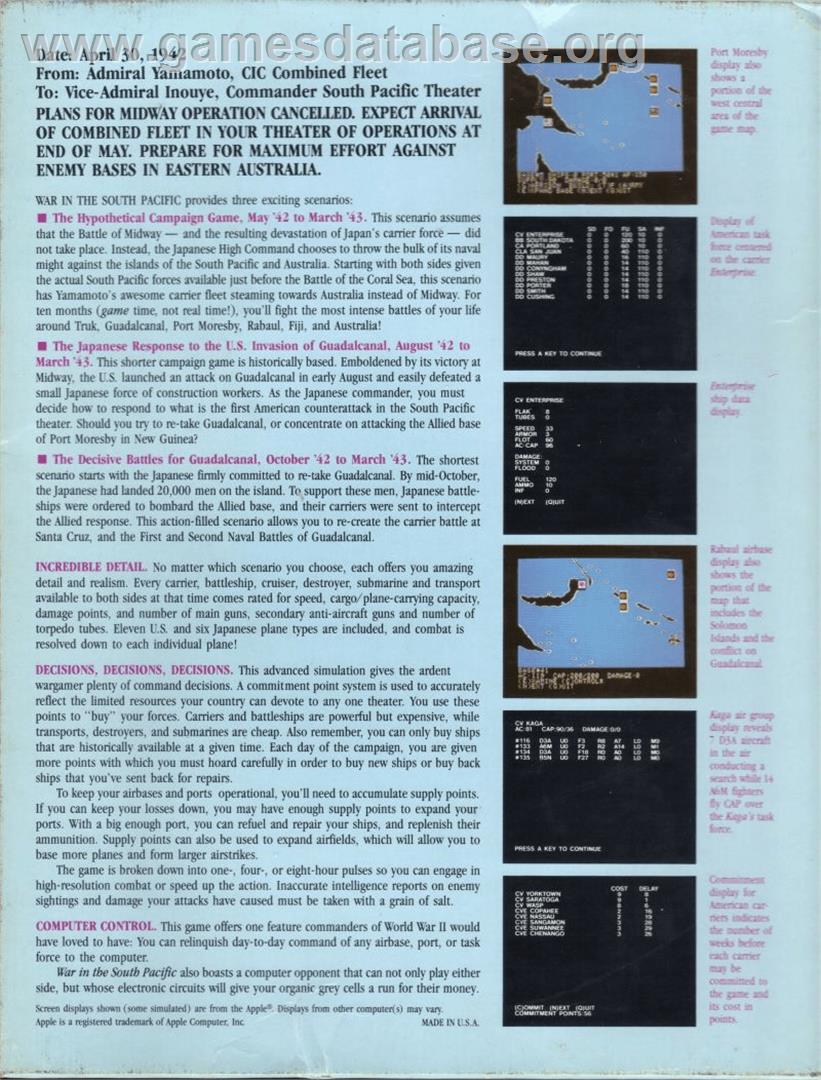 War in the South Pacific - Commodore 64 - Artwork - Box Back