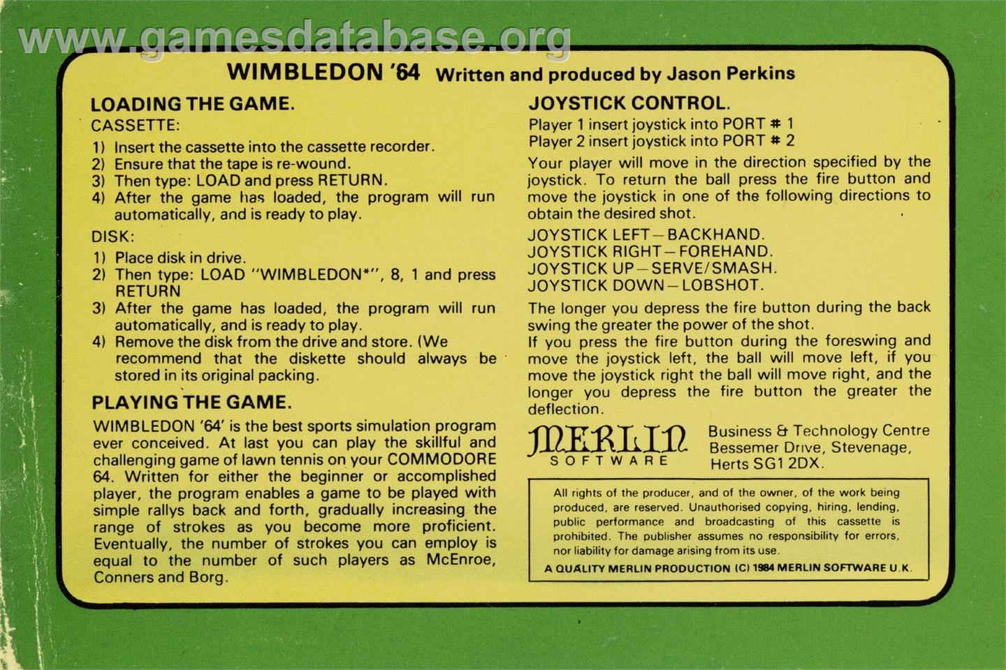Wimbledon '64 - Commodore 64 - Artwork - Box Back
