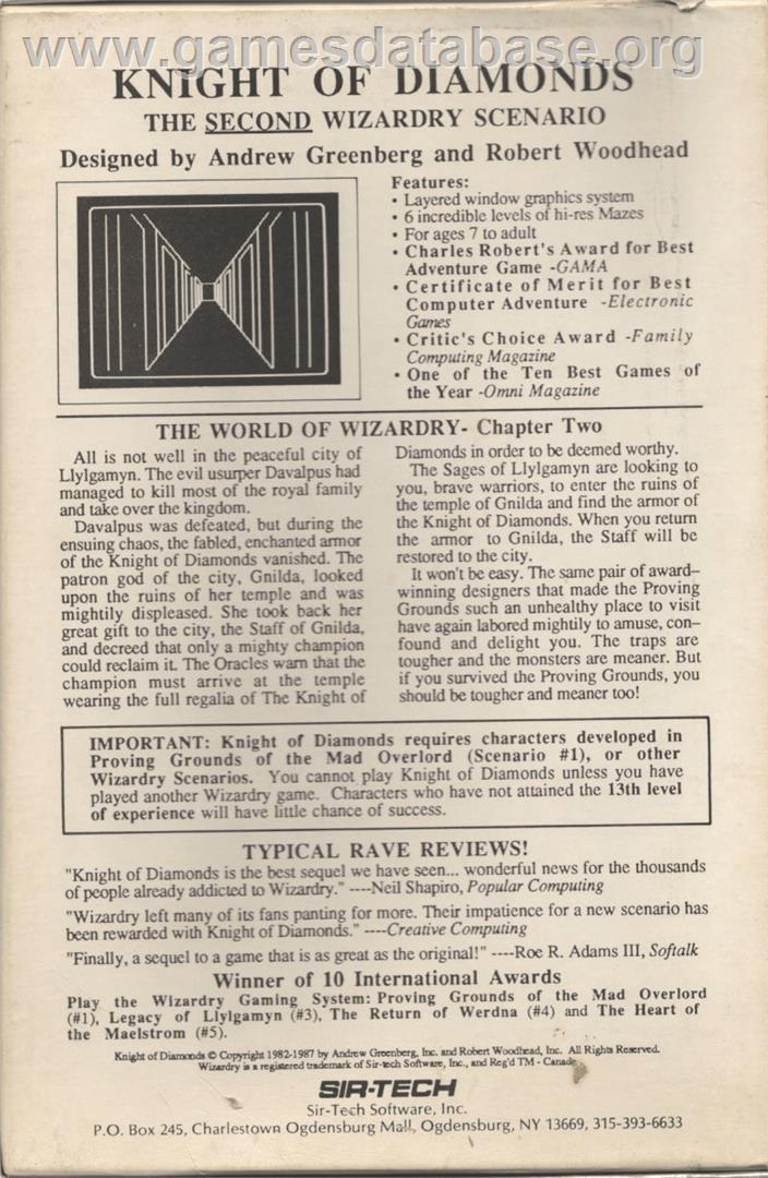 Wizardry II: The Knight of Diamonds - Commodore 64 - Artwork - Box Back