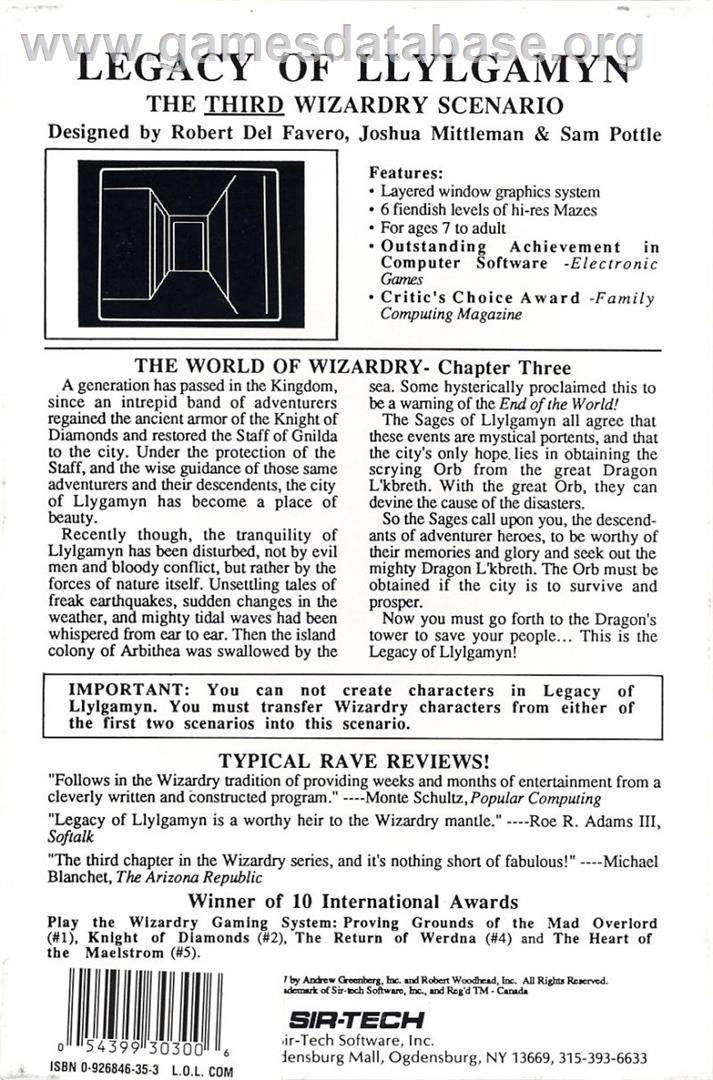 Wizardry III: Legacy of Llylgamyn - Commodore 64 - Artwork - Box Back