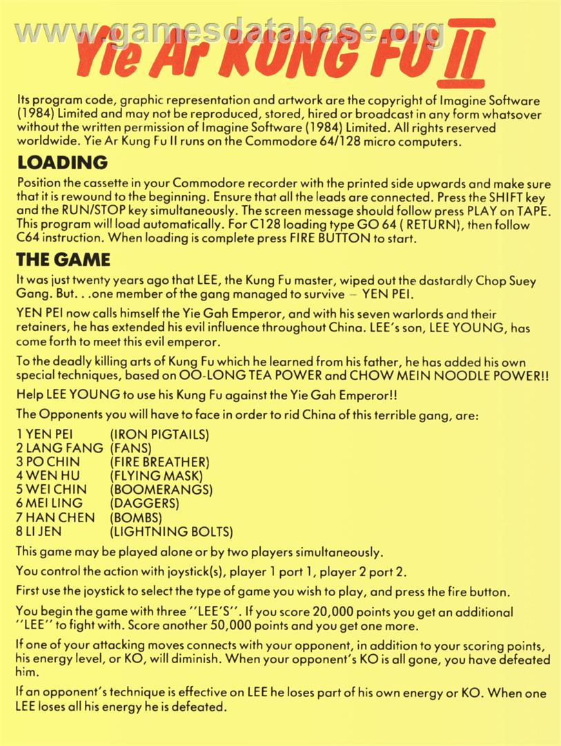 Yie Ar Kung-Fu 2: The Emperor Yie-Gah - Commodore 64 - Artwork - Box Back