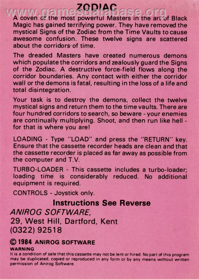 Zodiac (Incentive Software) - Commodore 64 - Artwork - Box Back