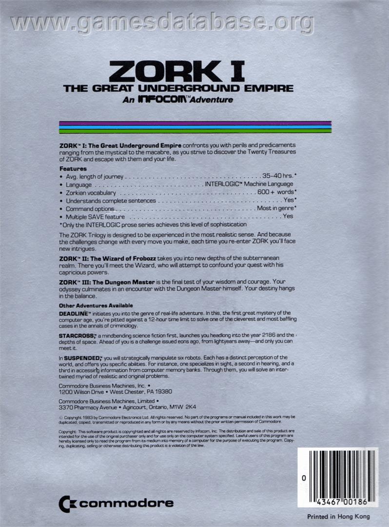 Zork 1 - The Great Underground Empire - Commodore 64 - Artwork - Box Back