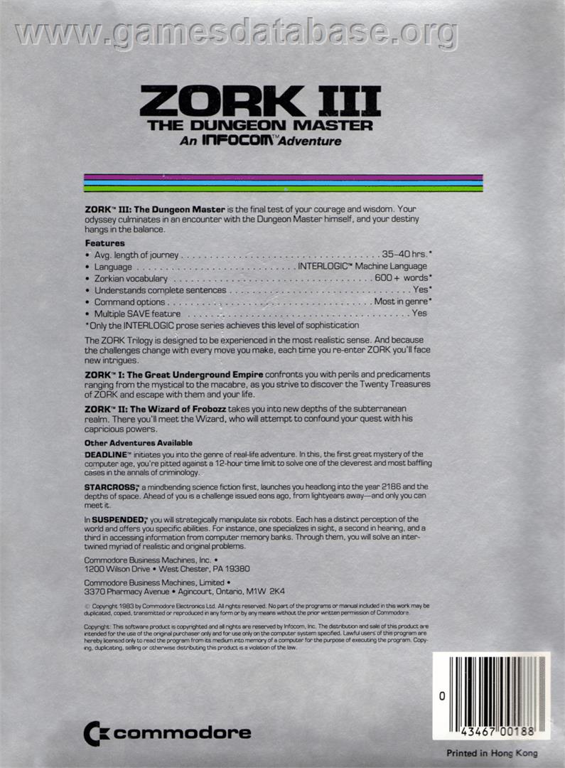 Zork III - The Dungeon Master - Commodore 64 - Artwork - Box Back