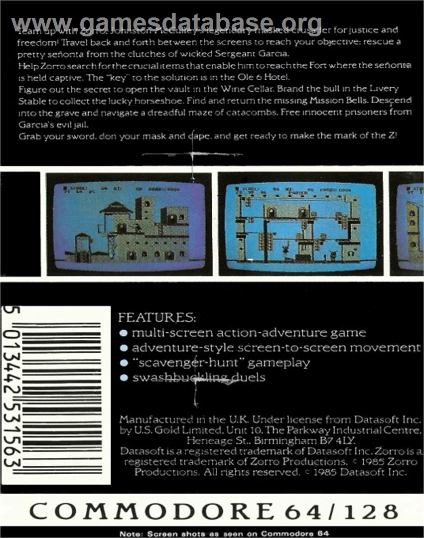 Zorro - Commodore 64 - Artwork - Box Back