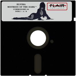 Cartridge artwork for Elvira: Mistress of the Dark on the Commodore 64.