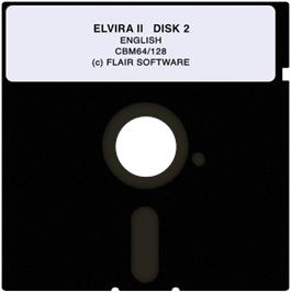 Cartridge artwork for Elvira II: The Jaws of Cerberus on the Commodore 64.