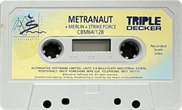 Cartridge artwork for Metranaut on the Commodore 64.