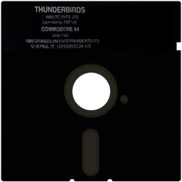 Cartridge artwork for Thunderbirds (Firebird) on the Commodore 64.