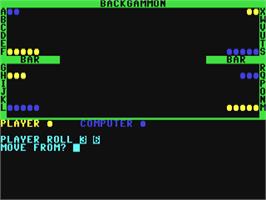 In game image of Backgammon (Peter Weighill) on the Commodore 64.