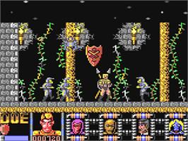 In game image of Defenders of the Earth on the Commodore 64.