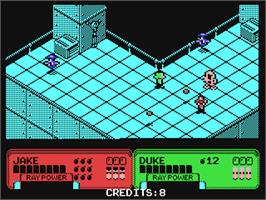 In game image of Escape from the Planet of the Robot Monsters on the Commodore 64.