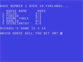 In game image of Kentucky Derby (Sim Computer) on the Commodore 64.