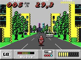 In game image of OutRun Europa on the Commodore 64.