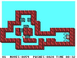 In game image of Soko-ban on the Commodore 64.