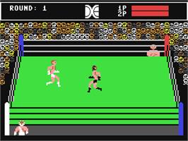 In game image of Tag Team Wrestling on the Commodore 64.