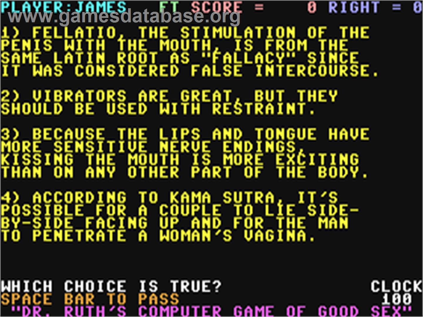Dr. Ruth's Computer Game of Good Sex - Commodore 64 - Artwork - In Game