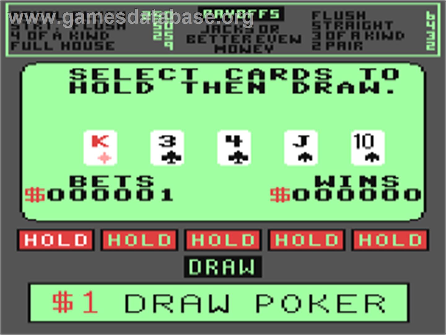 Draw Poker (ShareData) - Commodore 64 - Artwork - In Game
