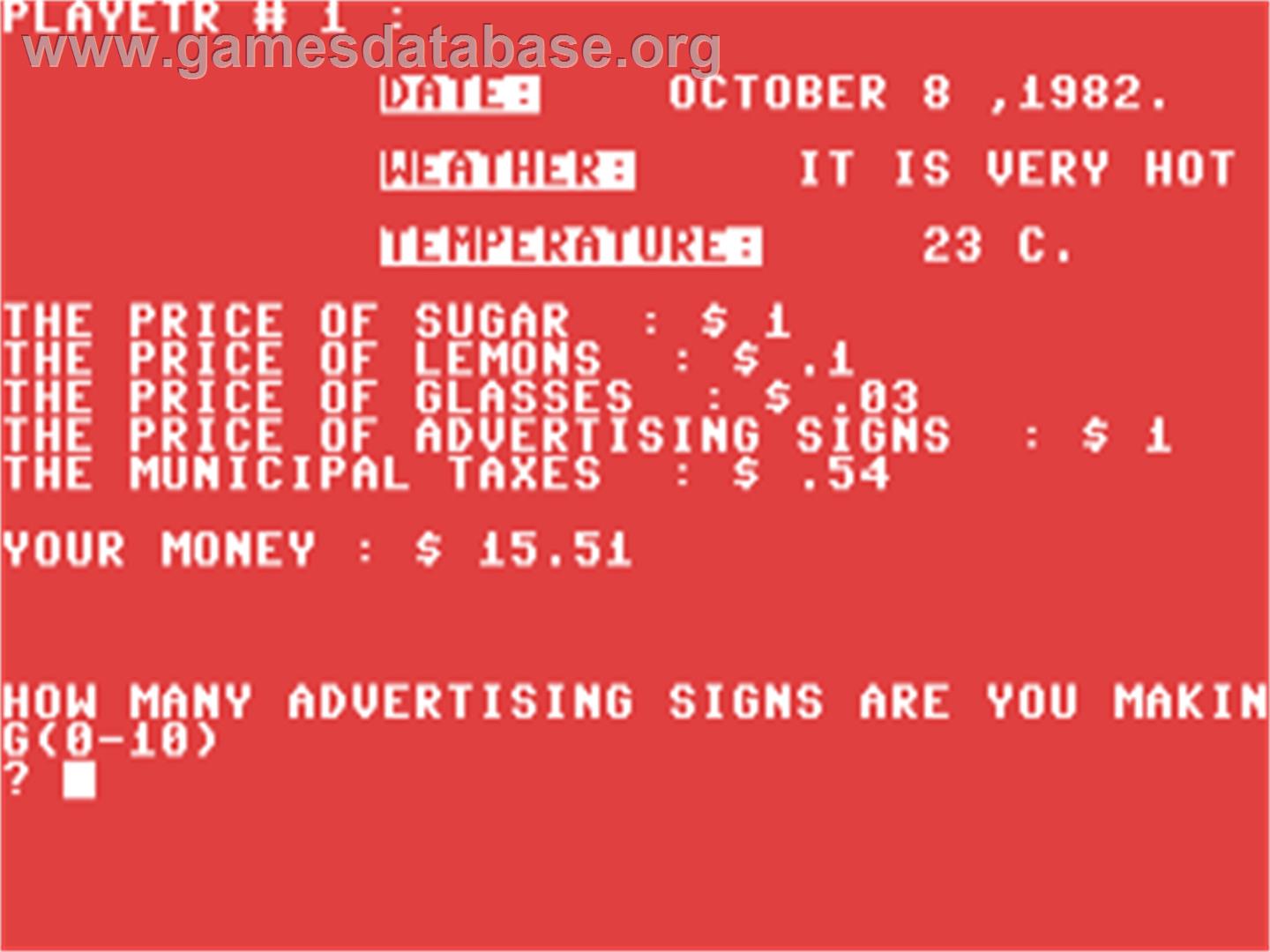 Lemonade Stand - Commodore 64 - Artwork - In Game