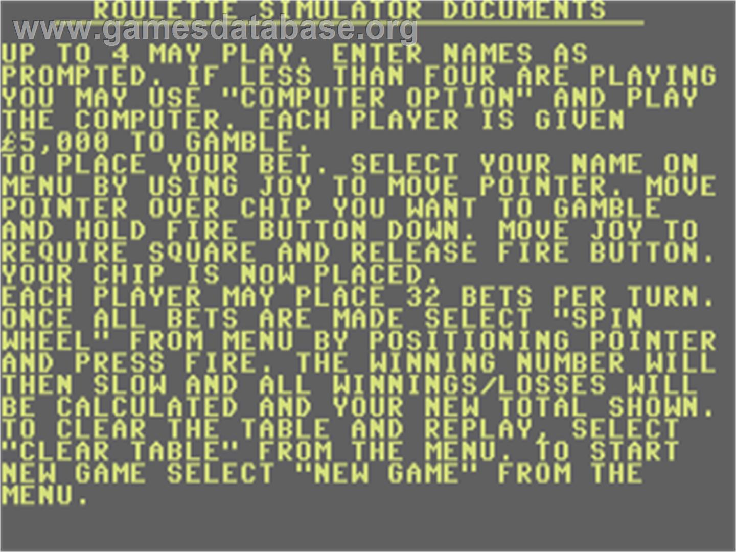 Roulette Simulator - Commodore 64 - Artwork - In Game
