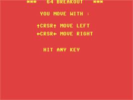 Title screen of 64 Breakout on the Commodore 64.