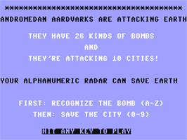 Title screen of Aardvark Attack on the Commodore 64.