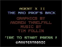 Title screen of Agent X II: The Mad Prof's Back! on the Commodore 64.