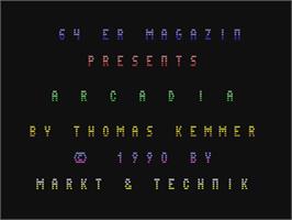 Title screen of Arcadia on the Commodore 64.