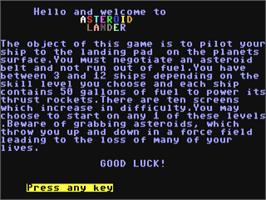 Title screen of Asteroid Lander on the Commodore 64.