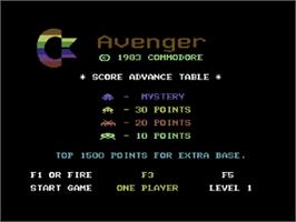 Title screen of Avenger on the Commodore 64.