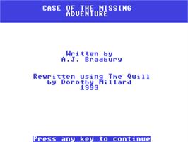Title screen of Case Of The Missing Adventure, The (1984) on the Commodore 64.