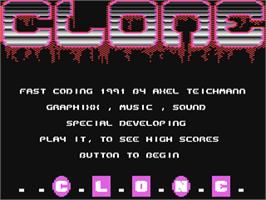 Title screen of Clone on the Commodore 64.