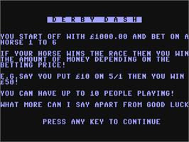 Title screen of Derby Dash on the Commodore 64.
