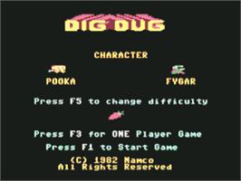 Title screen of Dig Dug on the Commodore 64.