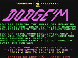 Title screen of Dodge'm on the Commodore 64.