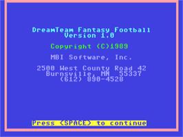 Title screen of Dreamteam Fantasy Football on the Commodore 64.