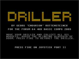 Title screen of Driller on the Commodore 64.