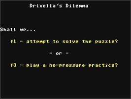 Title screen of Drixella's Dilemma on the Commodore 64.