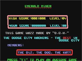 Title screen of Emerald Miner on the Commodore 64.