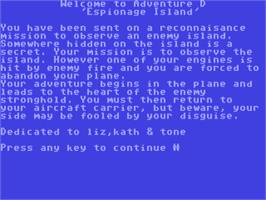 Title screen of Espionage Island on the Commodore 64.