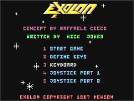 Title screen of Exolon on the Commodore 64.