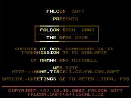 Title screen of Falcon Dash 2003 - The Dark Cave on the Commodore 64.