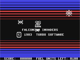 Title screen of Falconian Invaders on the Commodore 64.