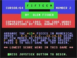 Title screen of Fifteen on the Commodore 64.
