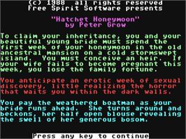 Title screen of Hatchet Honeymoon on the Commodore 64.