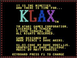 Title screen of Klax on the Commodore 64.