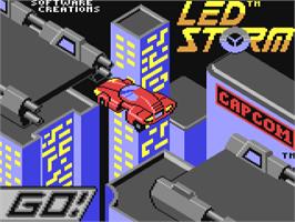 Title screen of LED Storm on the Commodore 64.