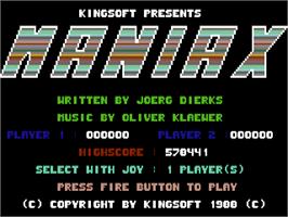 Title screen of Maniax on the Commodore 64.
