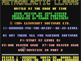 Title screen of Metagalactic Llamas - Battle At The Edge Of Time on the Commodore 64.